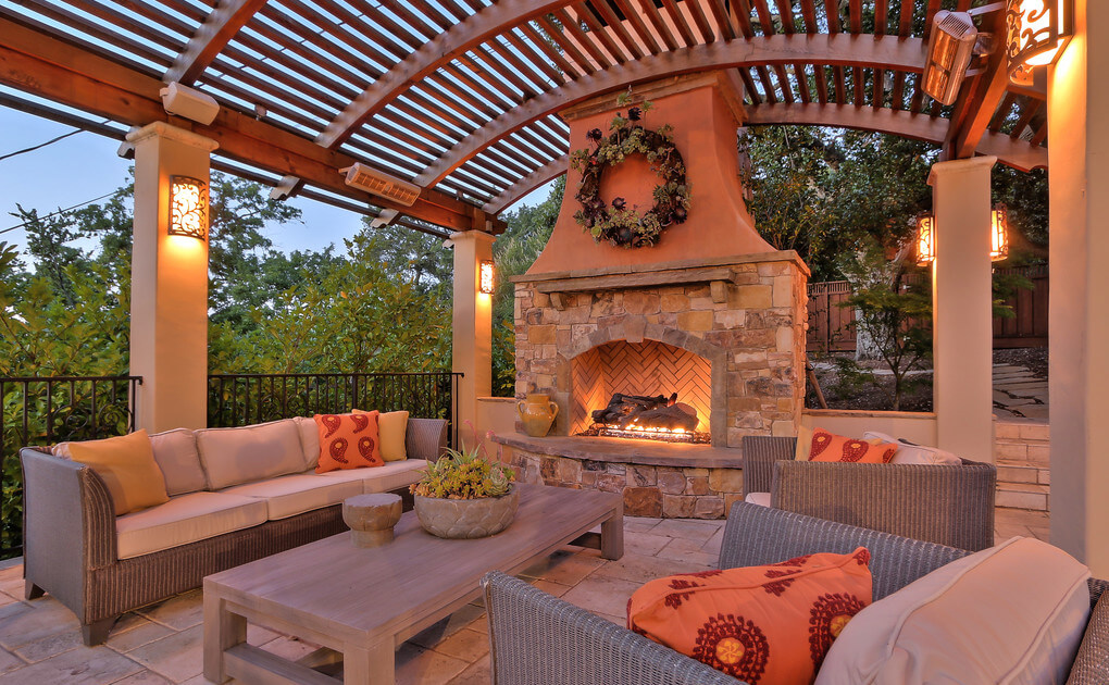 Backyard seating area with fireplace